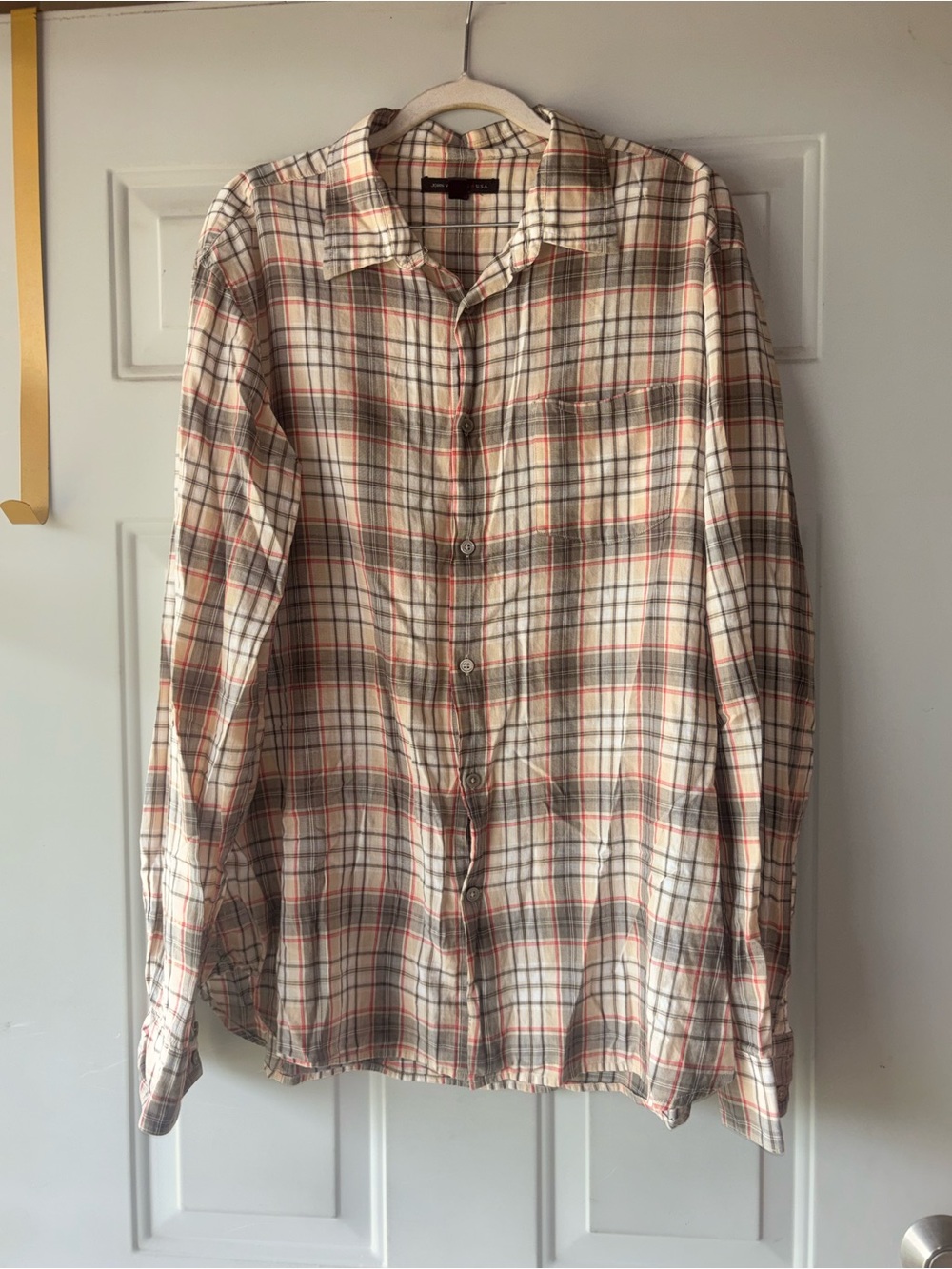 John Varvatos tan/gray/orange plaid button down shirt size XL